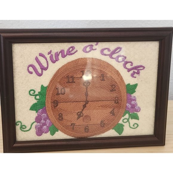 Embroidered 8" x 6" Frame Says Wine O'clock Clock Face Grapes Leaves Harbortown - Picture 2 of 8